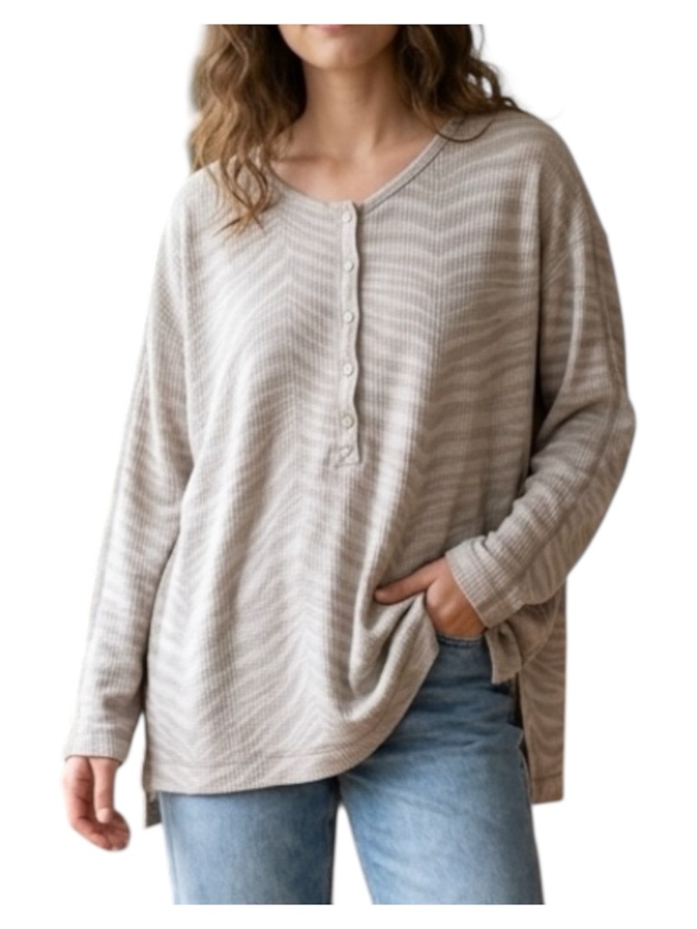 Aerie Oversized Tan Zebra Waffle Knit Thermal Henley Top Animal Print - XS